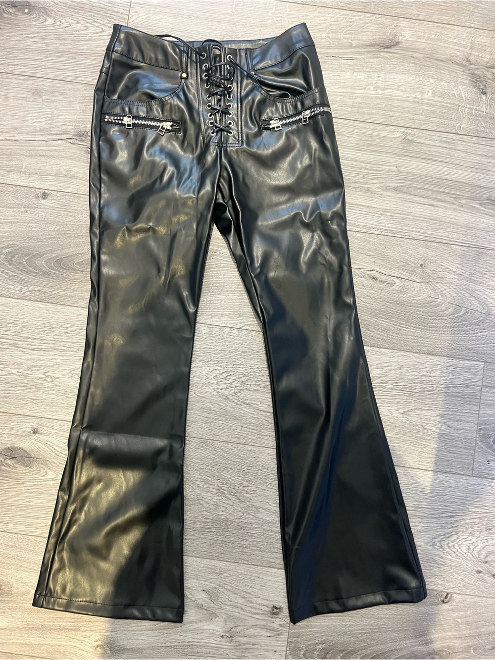 BFaux Leather Lace-Up Flare Pants black